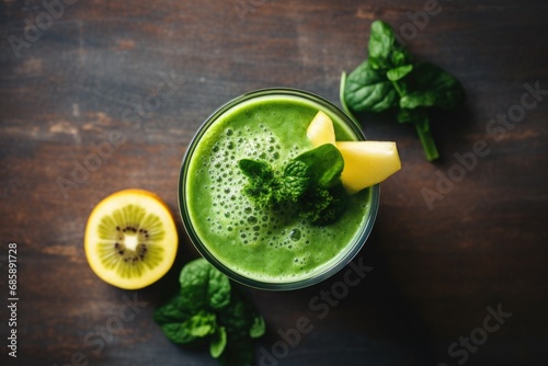 Fresh Green Smoothie or Shake in Glass Placed on Countertop