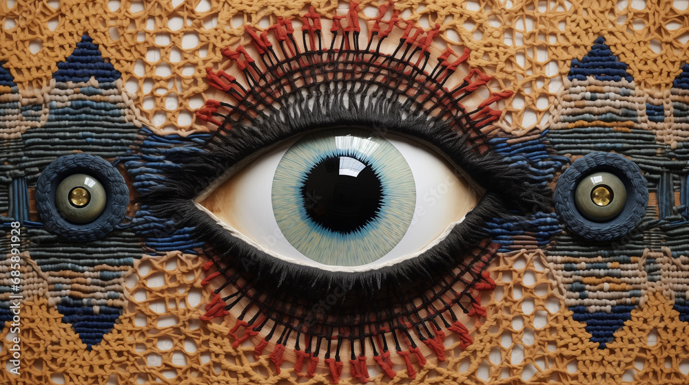 Gros plan d'un oeil ouvert, iris vitrifié et cils en crochets, artisanat d'art psychédélique et spirituel