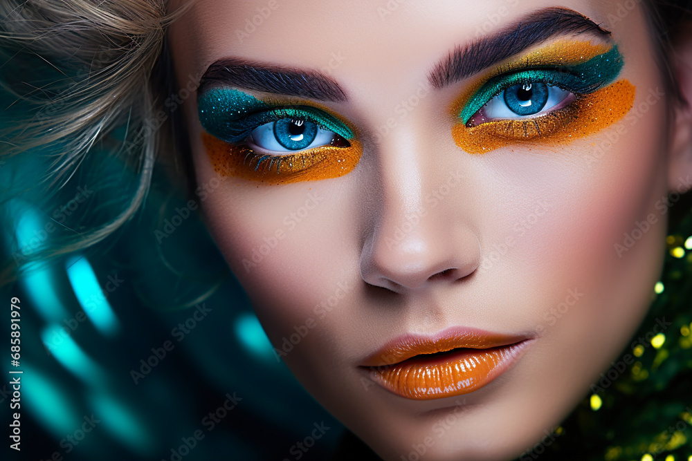 Portrait of a woman with fashion abstract makeup in green and orange tones.