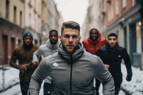 Group of diverse young male runners jogging in snowy city