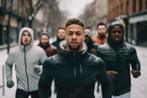 Group of diverse young male runners jogging in snowy city