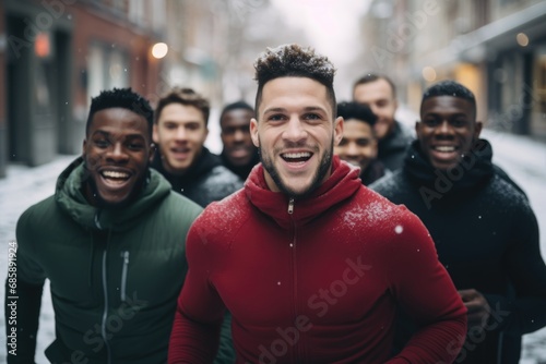 Group of diverse young male runners jogging in snowy city