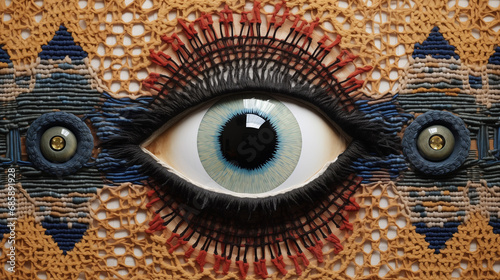 Gros plan d'un oeil ouvert, iris vitrifié et cils en crochets, artisanat d'art psychédélique et spirituel photo