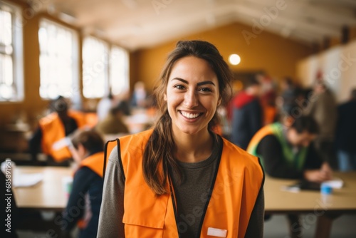 Portrait of a young female volunteer inside