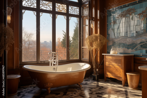 Fotografering Salle de bain luxueuse avec vue sur Montmartre à Paris, hôtel ou appartement sty