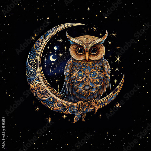 A graceful owl perched on a crescent amidst twinkling stars. Delicate hues, dark silver accents, and lush detailing evoke enchantment, featuring intricate lines and circular motifs.