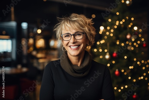 Portrait of a smiling middle aged woman in office during Christmas holidays