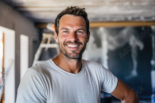 Portrait of a young smiling painter refurbishing home