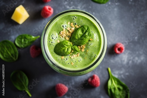Fresh Green Smoothie Topped with Seeds and Mint Leaf
