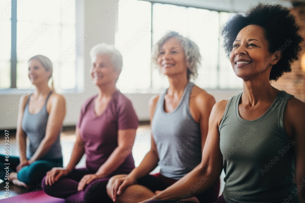 Group of diverse senior women in yoga class