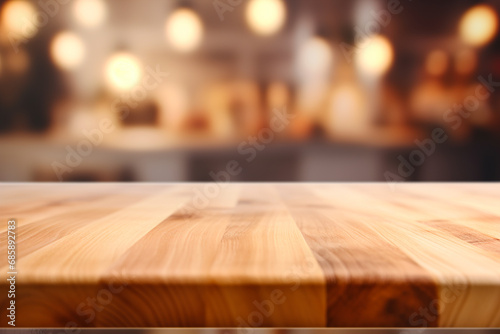 Direct view of a wooden kitchen countertop against a blurred view of the interior. photo
