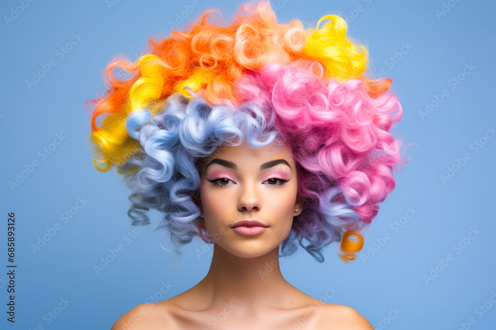 Glamorous portrait of a woman with a crazy rainbow-colored hairstyle and bright makeup on a bright blue background.