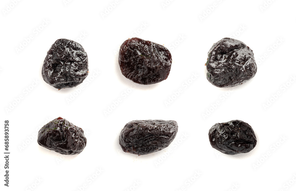 Dry Plums Isolated, Dried Black Fruits, Prune Group, Dry Plum Fruit on White Background Dry Plums Isolated, Dried Black Fruits, Prune Group, Dry Plum Fruit on White Background