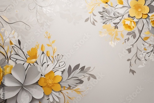 Floral elements on a basic grey paper texture background. Background for party  birthday  wedding or graduation invitation card in grey color with floral elements in soft art style.