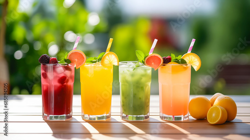 Des boissons fraîches et colorées avec des fruits et des pailles sur une table en bois à l'extérieur. photo