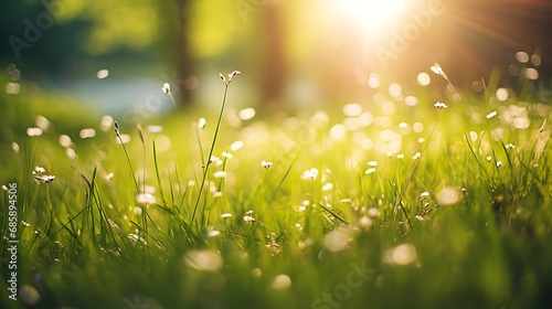 Stunning defocused view capturing a meadow in spring, blades of grass strewn, sunlight