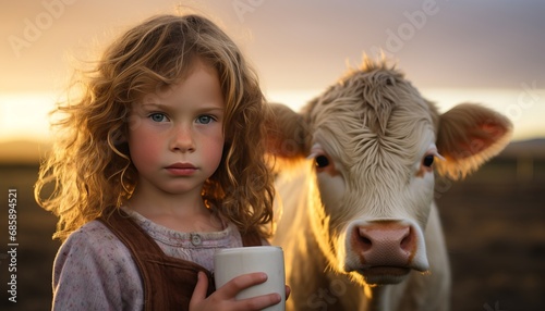 Young girl enjoying a glass of pure milk, standing beside a docile cow in a charming farm setting photo