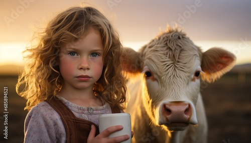 Young girl enjoying a glass of pure milk, standing beside a docile cow in a charming farm setting