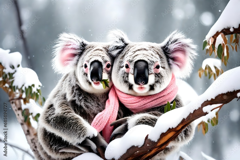 A cuddly koala wrapped in a pastel pink scarf and matching mittens sits atop a snow-covered eucalyptus tree, nibbling on leaves against the snowy backdrop.