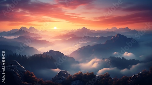Sunrise over a misty mountain range © Be Naturally