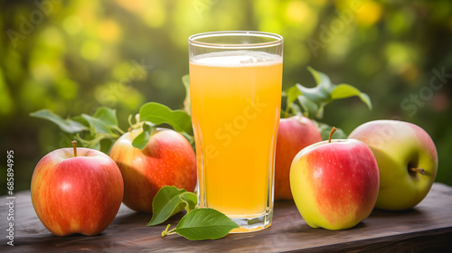Un verre de jus de pomme frais posé sur une table en bois avec des pommes du jardin autour. 