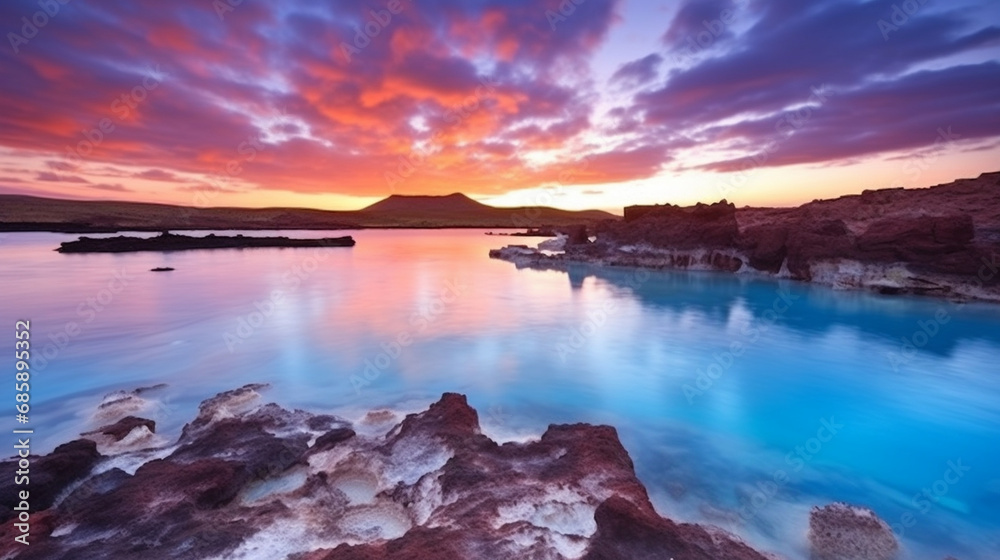 Lagoon at Sunset: Visualize the Blue Lagoon at sunset, with the sky painted in warm hues, creating a breathtaking and tranquil scene