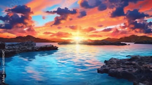 Lagoon at Sunset: Visualize the Blue Lagoon at sunset, with the sky painted in warm hues, creating a breathtaking and tranquil scene