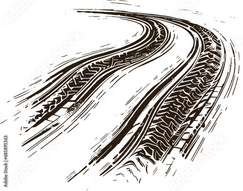 Vector graphic illustration of tire tracks from a passing car presented as a stencil photo