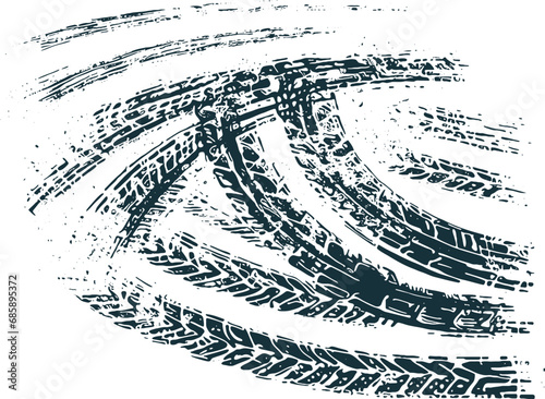 Stencil vector illustration displaying the imprinted tire tracks of a passing car on a surface