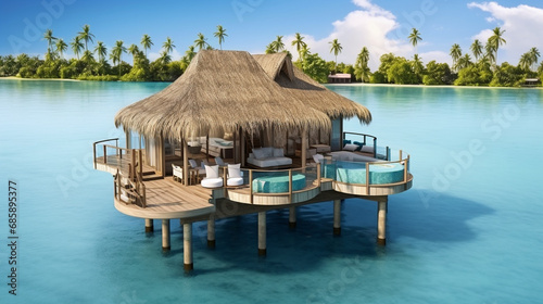 Lagoon Escape: Illustrate a tranquil overwater bungalow in the Blue Lagoon, surrounded by the beauty of nature, providing the perfect escape