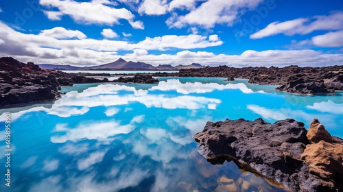 Lagoon Reflections: Visualize a mirror-like reflection of the surrounding landscape on the calm surface of the Blue Lagoon, creating a mesmerizing and symmetrical scene