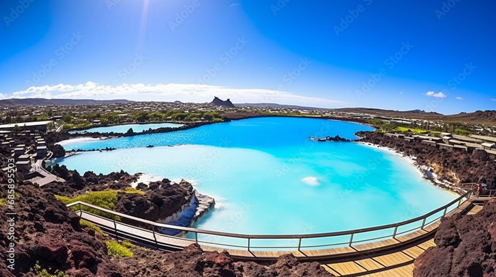 Lagoon Overlook: Showcase an elevated view of the Blue Lagoon, with its expansive beauty and vibrant colors stretching out beneath