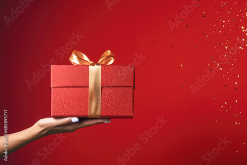 fondo abstracto festivo con una mano de mujer joven sosteniendo una caja de regalo roja con lazo dorado sobre fondo rojo y brillantina dorada