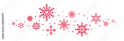 Christmas border with red snowflakes, hearts and stars isolated on transparent background. Vector graphics design for New year or Valentine's day decorations   