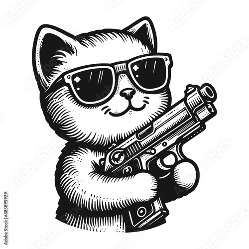 cool cat holding a pistol and wearing sunglasses sketch