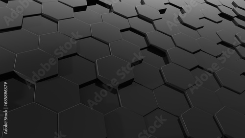 3d abstract black background. Abstract dark hexagon mosaic wall. 3d rendering