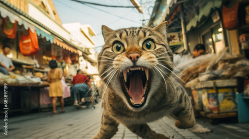 Crazy wild cat running on market street with open mouse and eyes photo