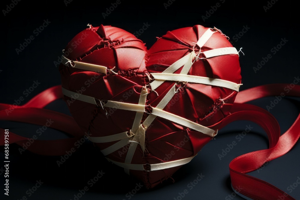 Sewn and glued heart. Background with selective focus and copy space Sewn and glued heart. Background with selective focus and copy space