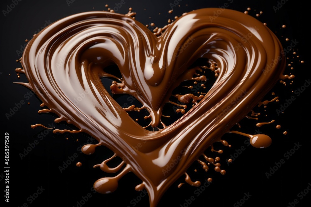 Melted chocolate in the shape of a heart on a dark background with selective focus and copy space Melted chocolate in the shape of a heart on a dark background with selective focus and copy space