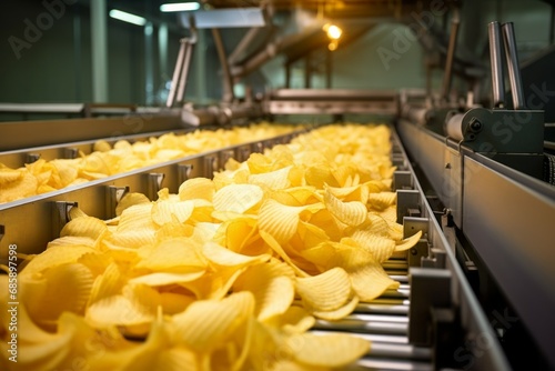 Chips factory. Production conveyor line. Background with selective focus and copy space