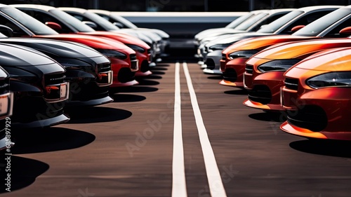 a row of brand new cars neatly lined up in a parking lot, with no visible brand or manufacturer logos, emphasizing the concept of anonymity and showcasing the vehicles' clean and sleek design.