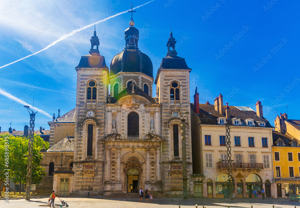 View of impressive medieval church of St Peter, former Benedictine chapel on Chalon-sur-Saone square in summer, France
