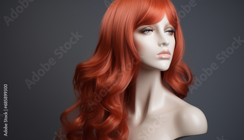 Red hair on mannequin. Females hair. a red wig, looks like a woman's head with a hairstyle. Black background. Copy space. Concept of beauty salon, hair care and hair transplant