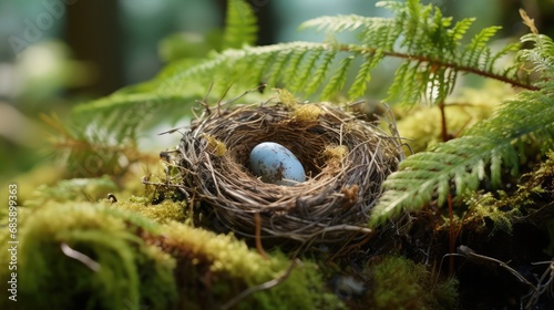 Bird nest with egg in green foliage, selective focus. Generative AI