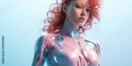 a young woman with red hair in a digital bodysuit, generative AI photo