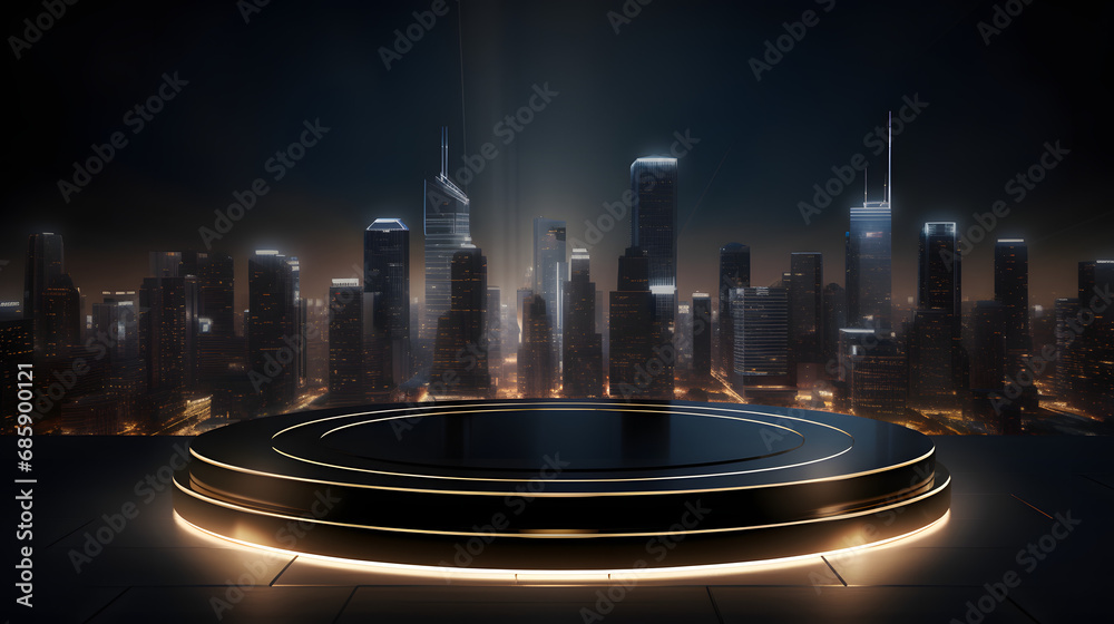 Fototapeta premium Glossy black round podium with city skyline at night for display