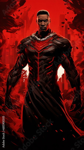A black man superhero wearing a black and red suit standing in front of a red background