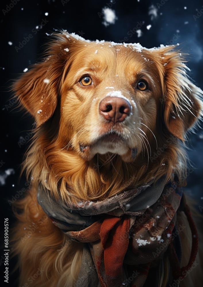 A beautiful Golden Retriever playing outside in cold winter snow.