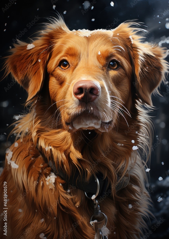 Golden Retriever puppy laying in the snow with snow on her nose