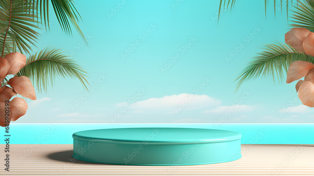 Turquoise round podium with tropical beach background for display
